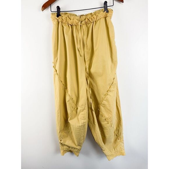Free People Small Beach Life Mustard Yellow Pants With Eyelet Ruffle Oversized - Picture 2 of 10